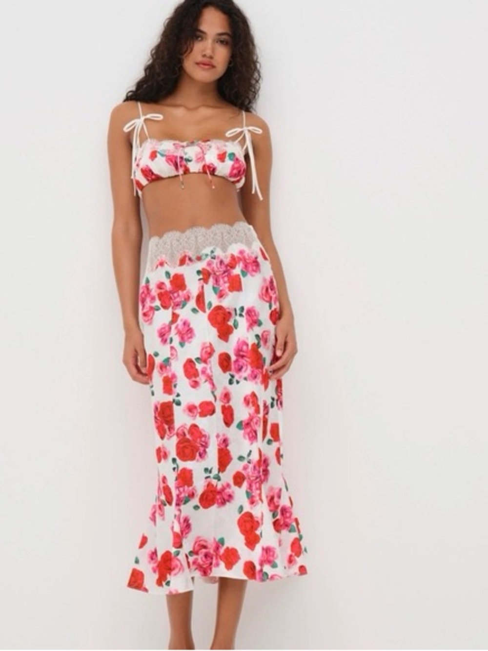 NWOT For Love & Lemons White Midi Skirt with Pink & Red Rose Print